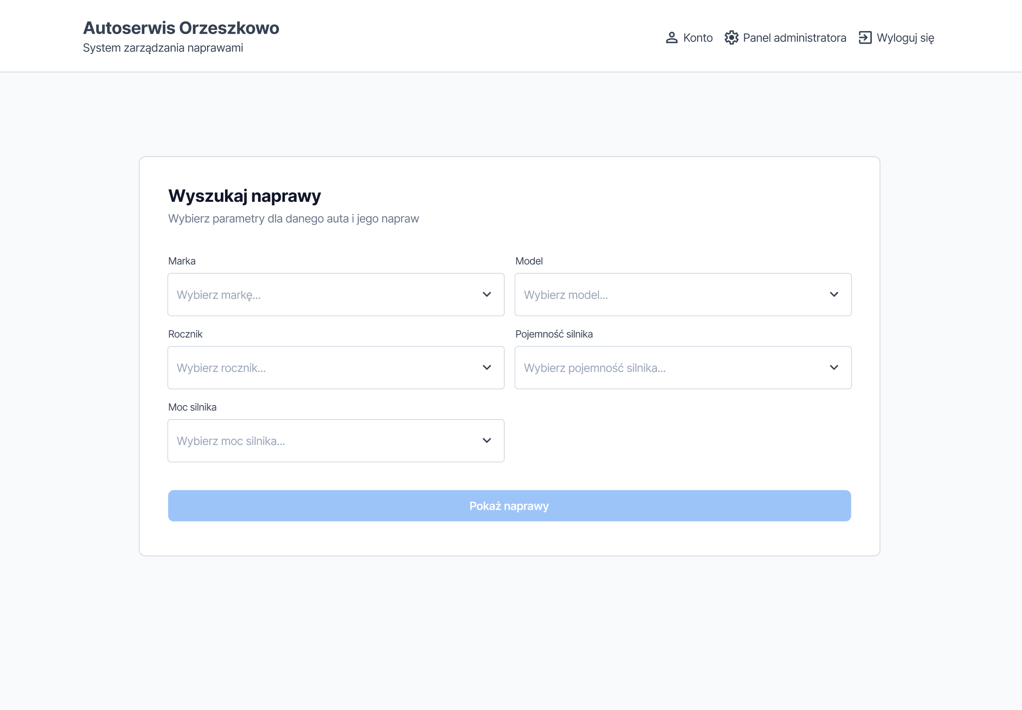 Vehicle search dashboard - select make, model, year and engine