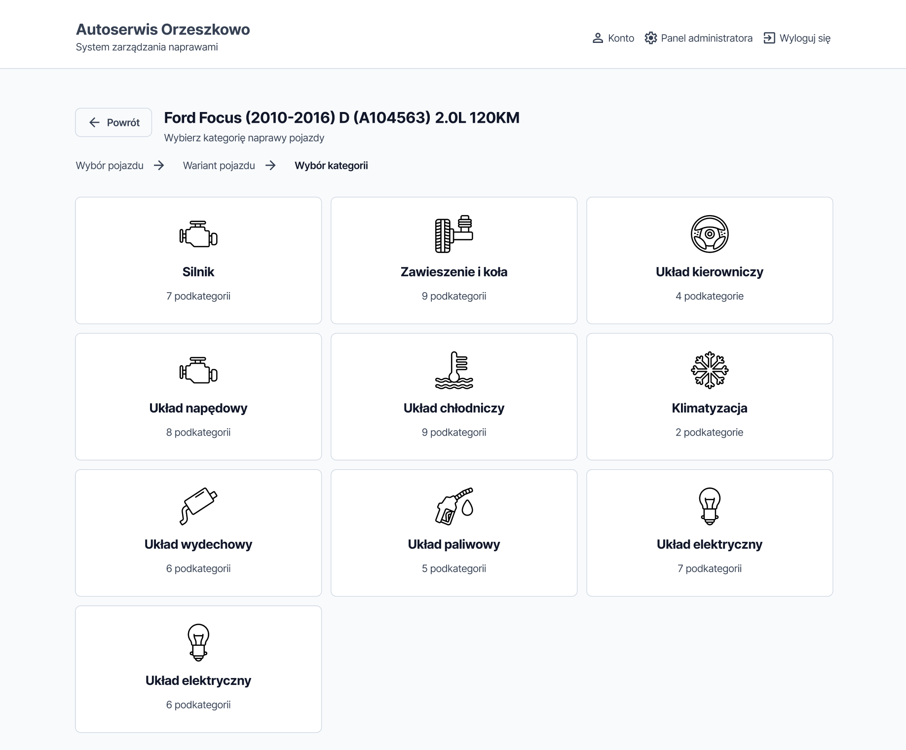 Repair category selection - large icons for fast scanning