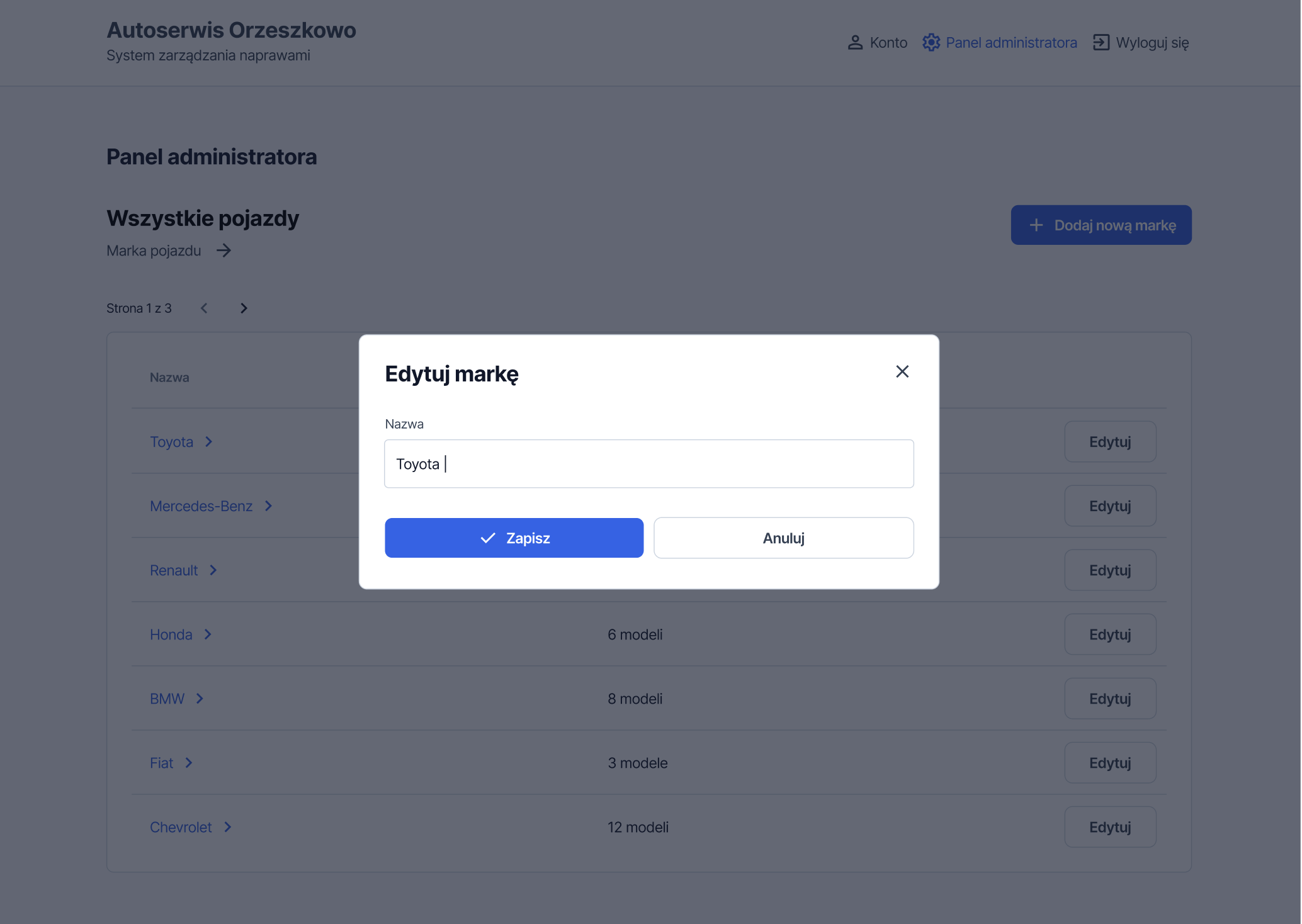 Edit brand modal - inline editing without leaving the table view