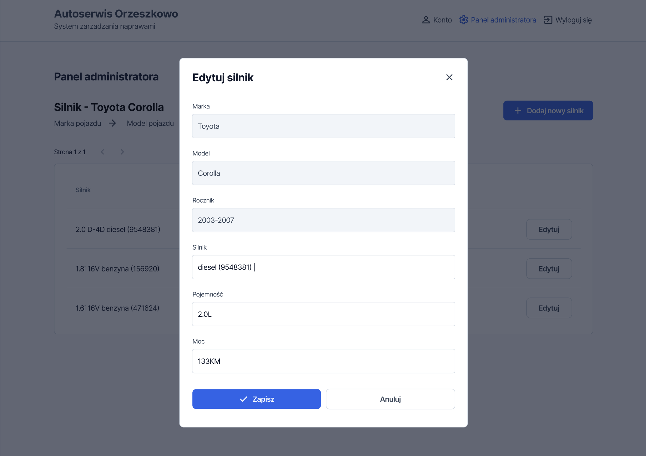 Edit engine modal - full engine data form