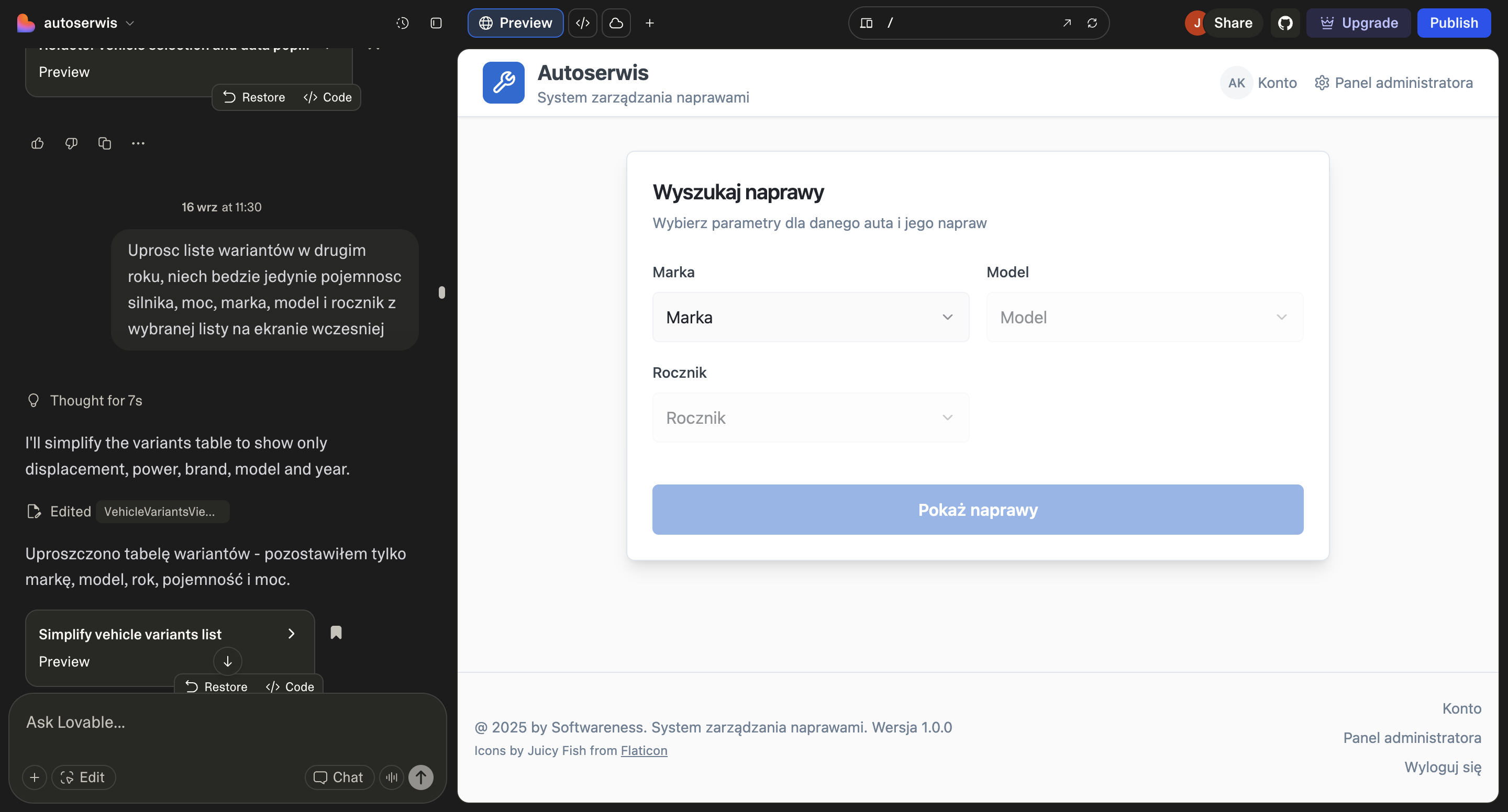 Lovable prototype session - iterating on the vehicle search flow in real time