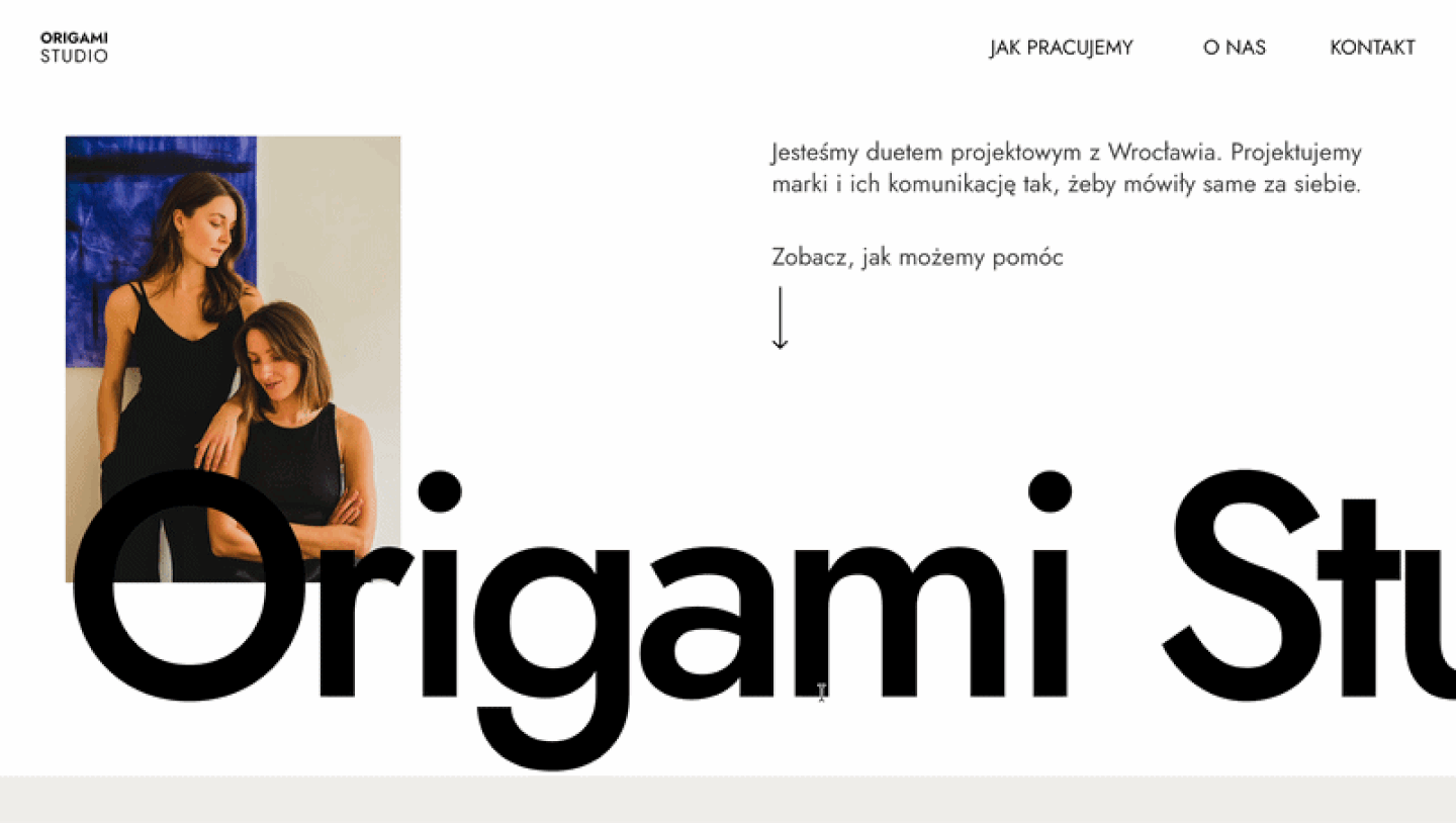 Hero section - scroll effect revealing the full Origami Studio name