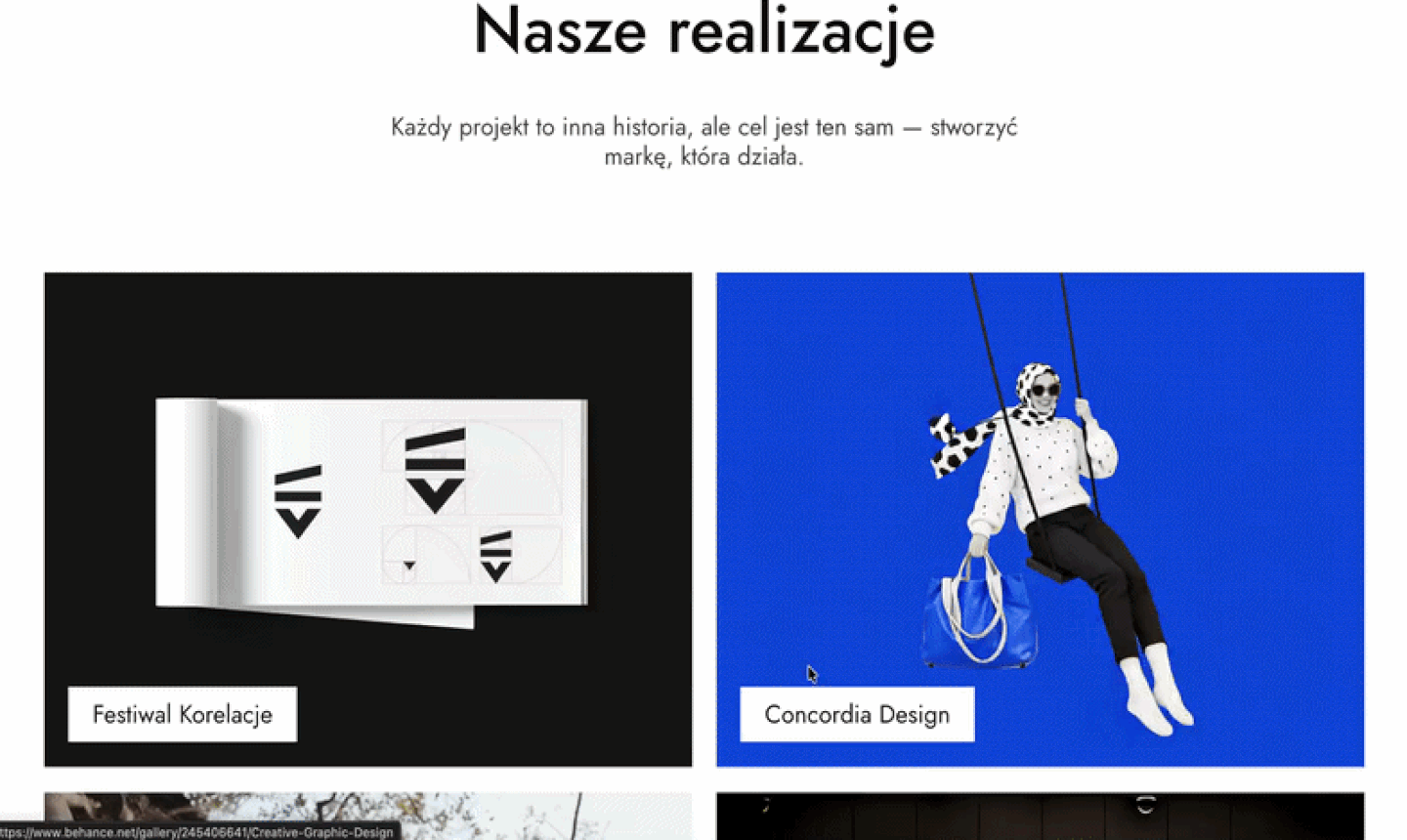 Portfolio section - Behance thumbnails with subtle hover effect