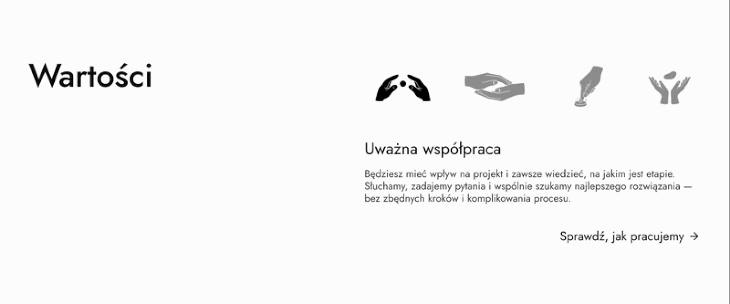 Values section - clickable icons revealing value descriptions