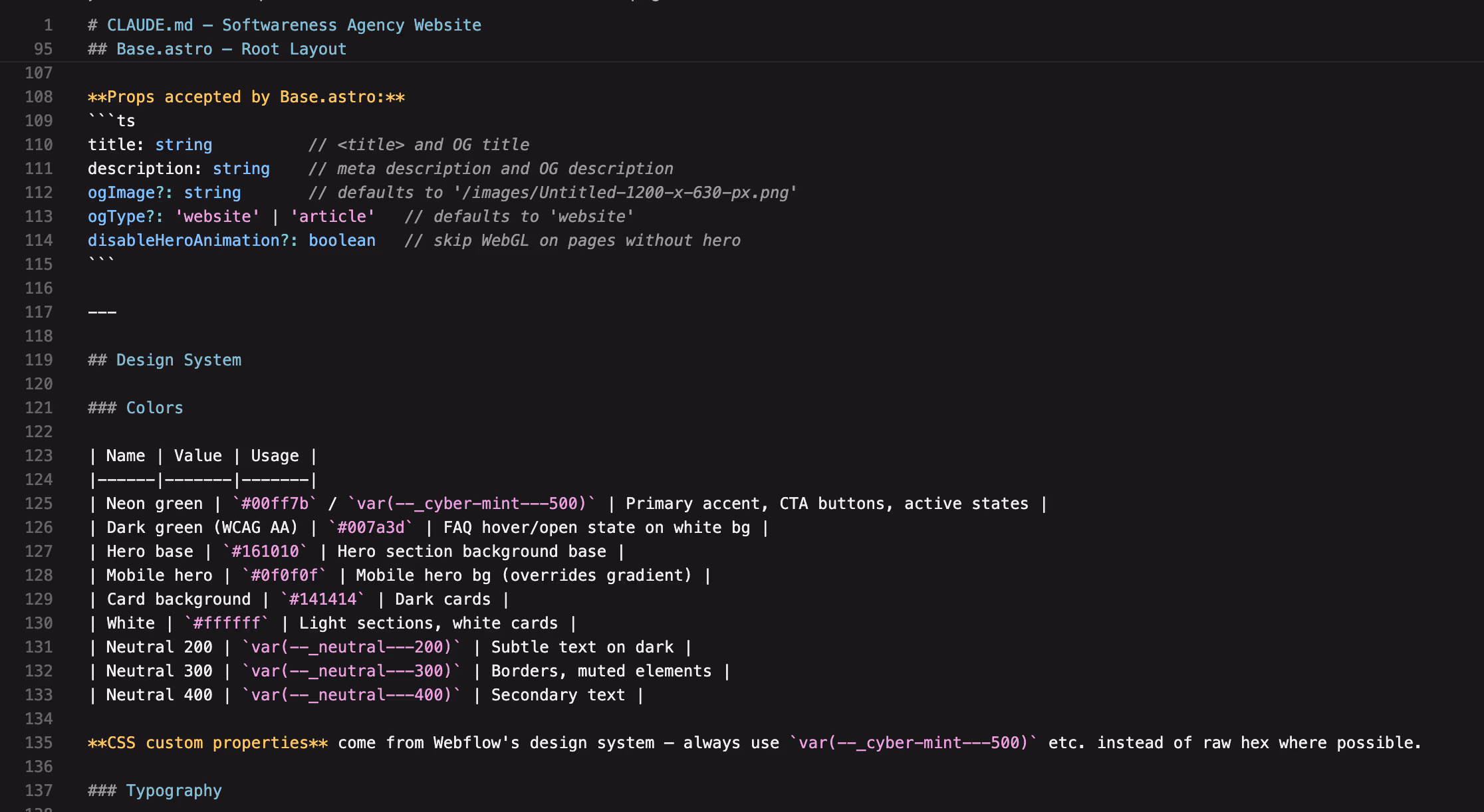 Design system markdown file: color tokens table with usage notes