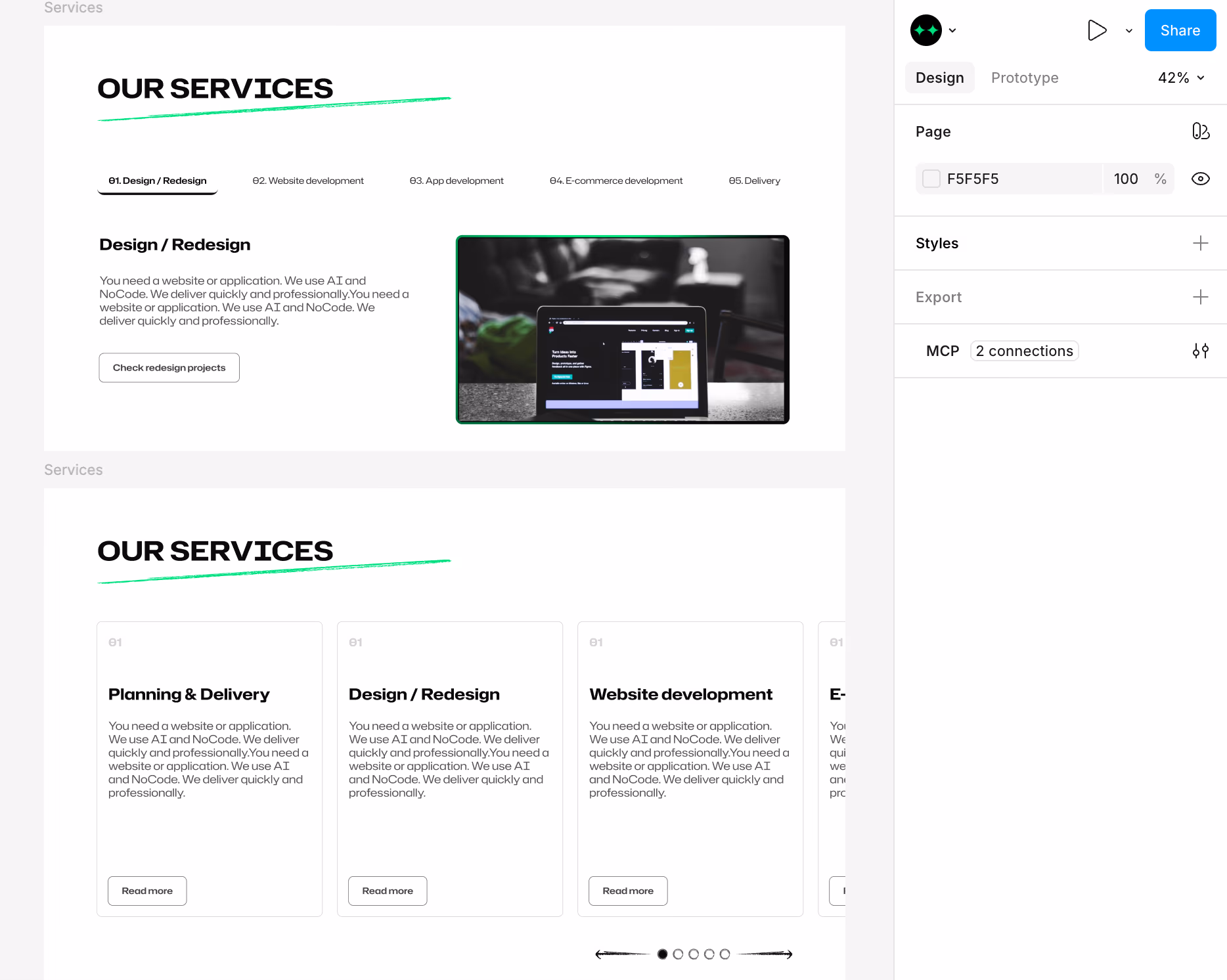 Figma frame: Services section redesign variants