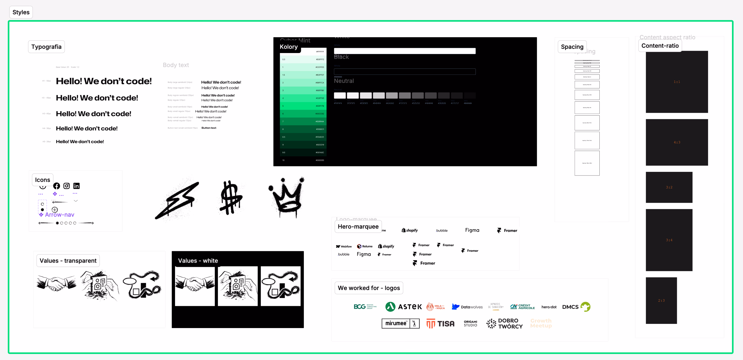 Figma design system frame: typography, colors, icons, spacing