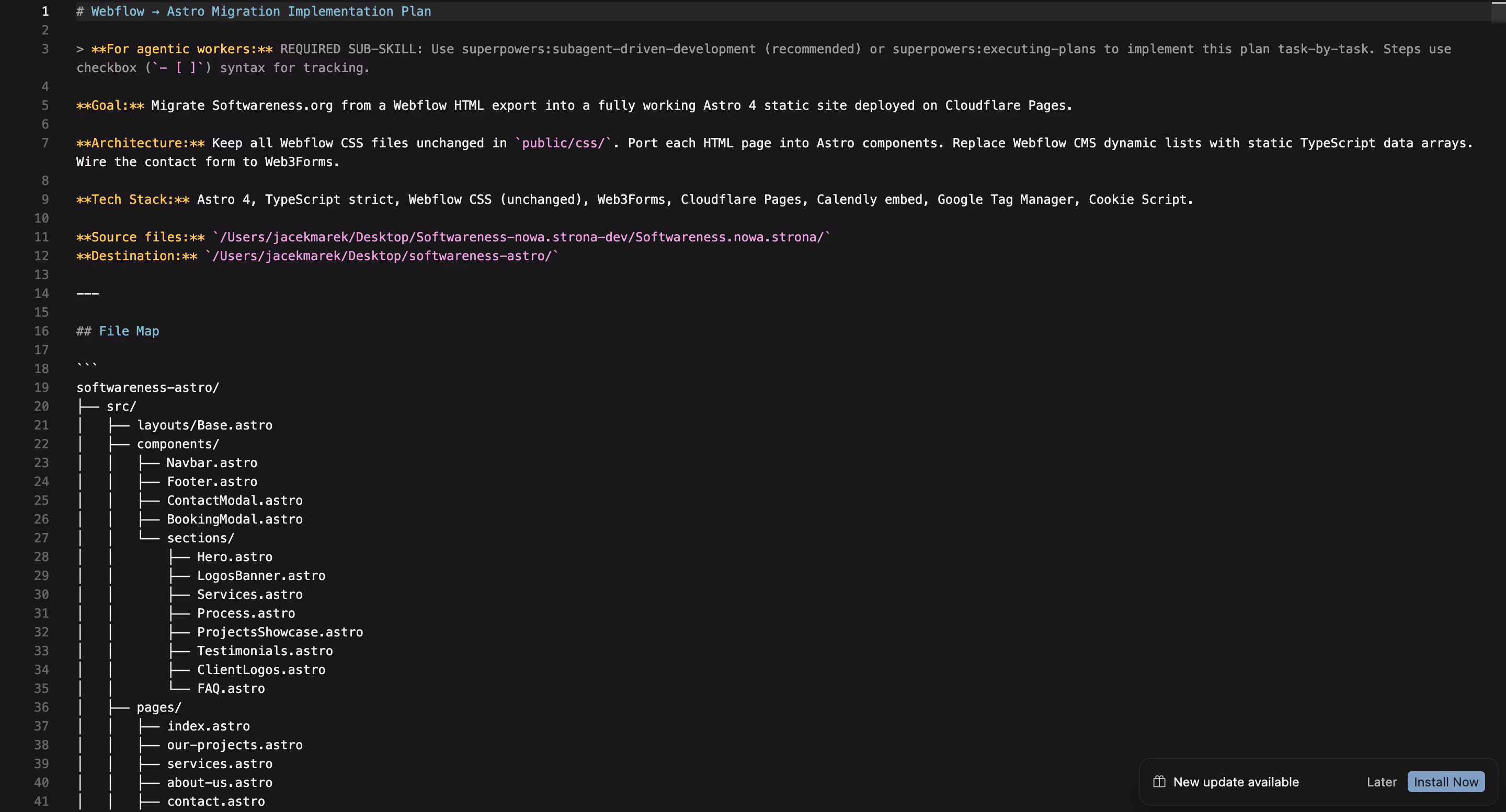Webflow to Astro migration implementation plan: goal, architecture, tech stack, and file map