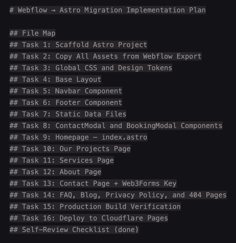 Implementation plan task list: 16 scoped tasks from scaffolding to Cloudflare Pages deployment